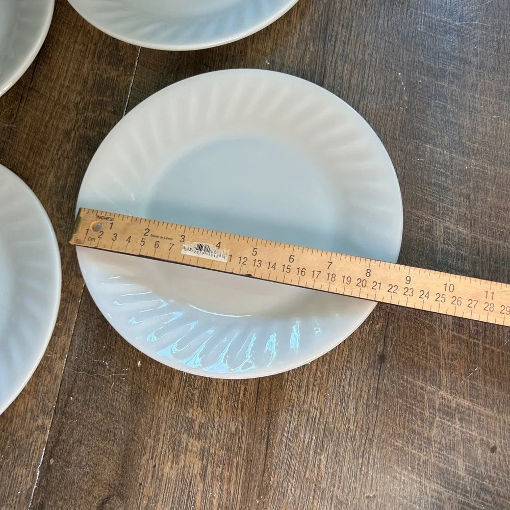 Vintage Fire-King Ivory Swirl Milk Glass 9 Inch Dinner Plates Set of 4 USA MCM
